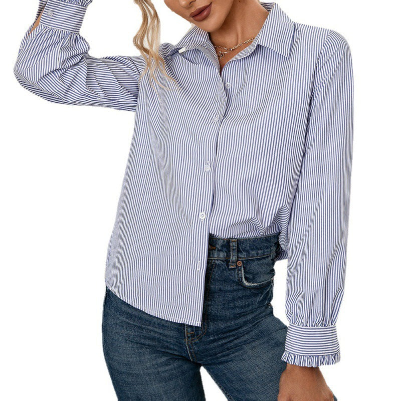 Chemisier femme col cranté rayé bleu et blanc - détail col