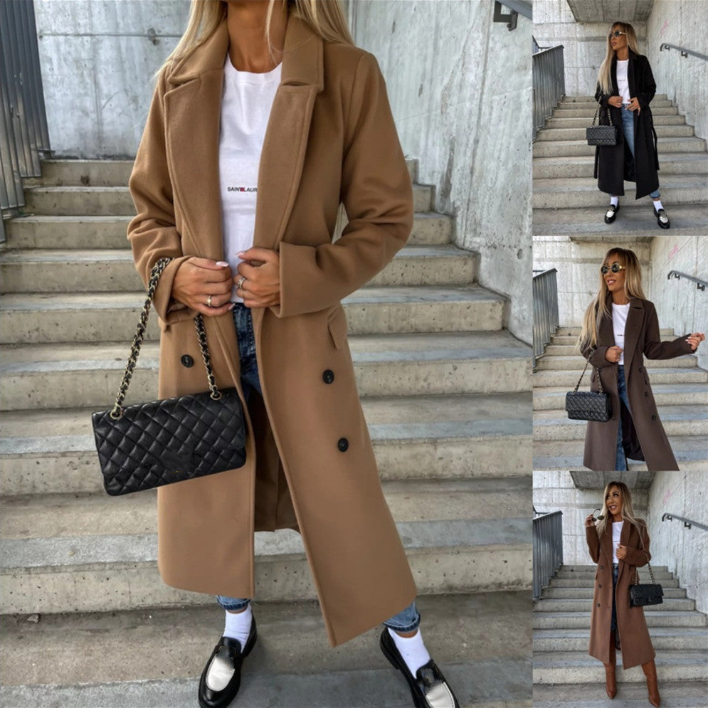 Manteau femme long croisé à ceinture