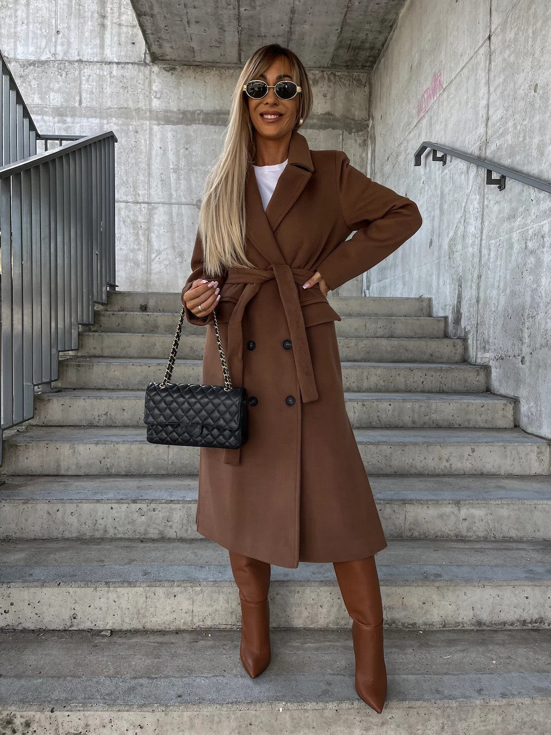 Manteau femme long croisé à ceinture - café