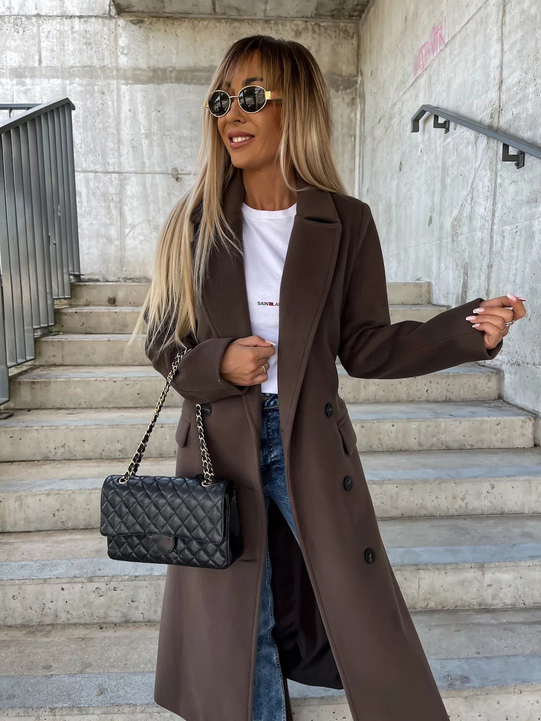 Manteau femme long croisé à ceinture - marron
