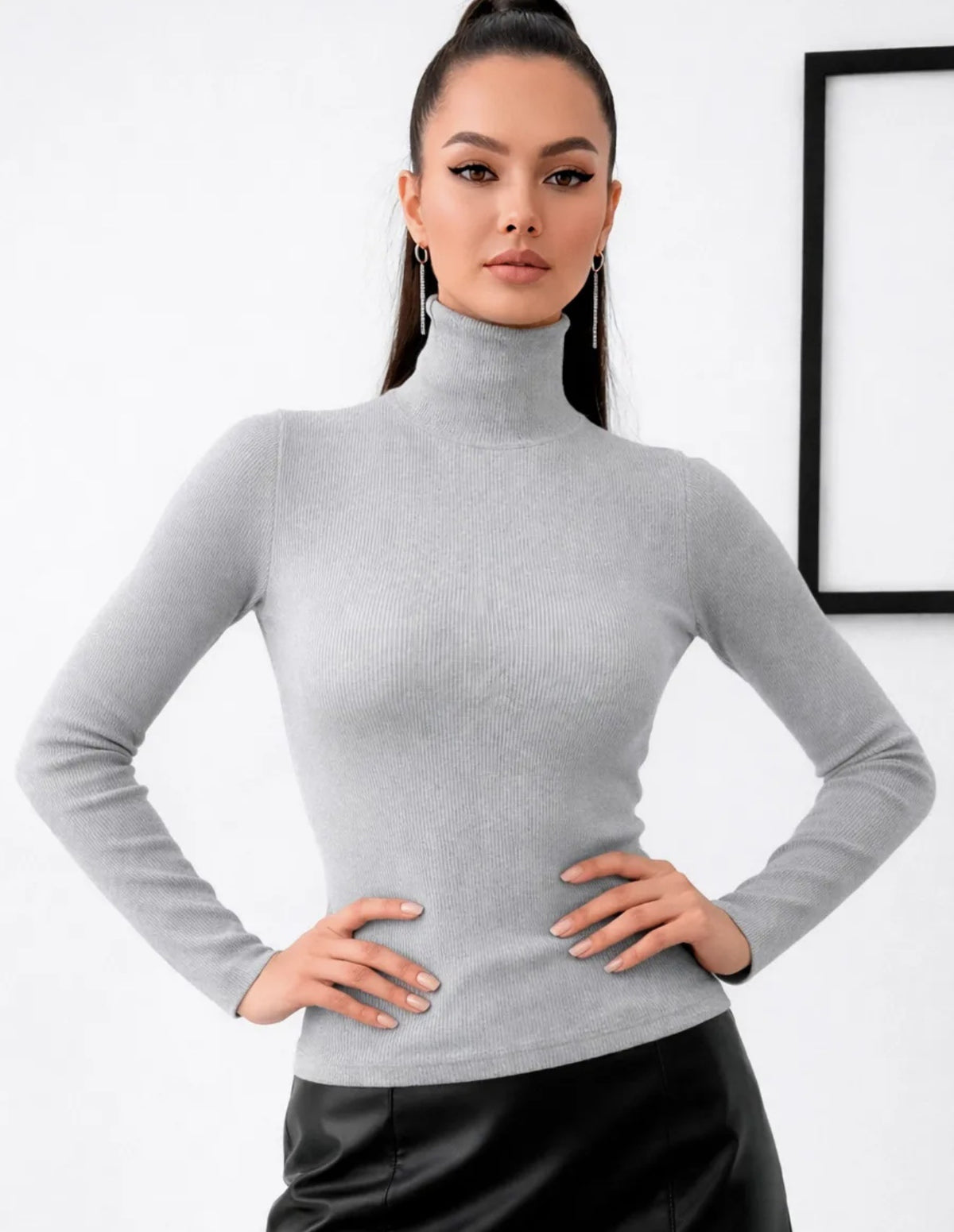 Pull femme col roulé en maille - gris chiné