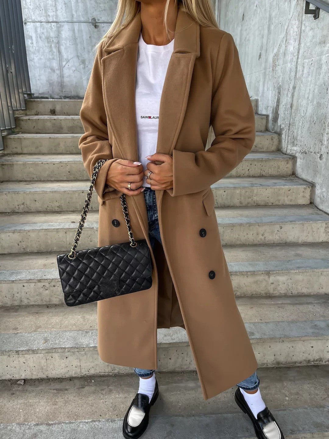 Manteau femme long croisé à ceinture - kaki