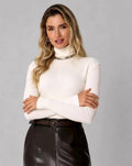 Pull femme col roulé en maille - beige abricot