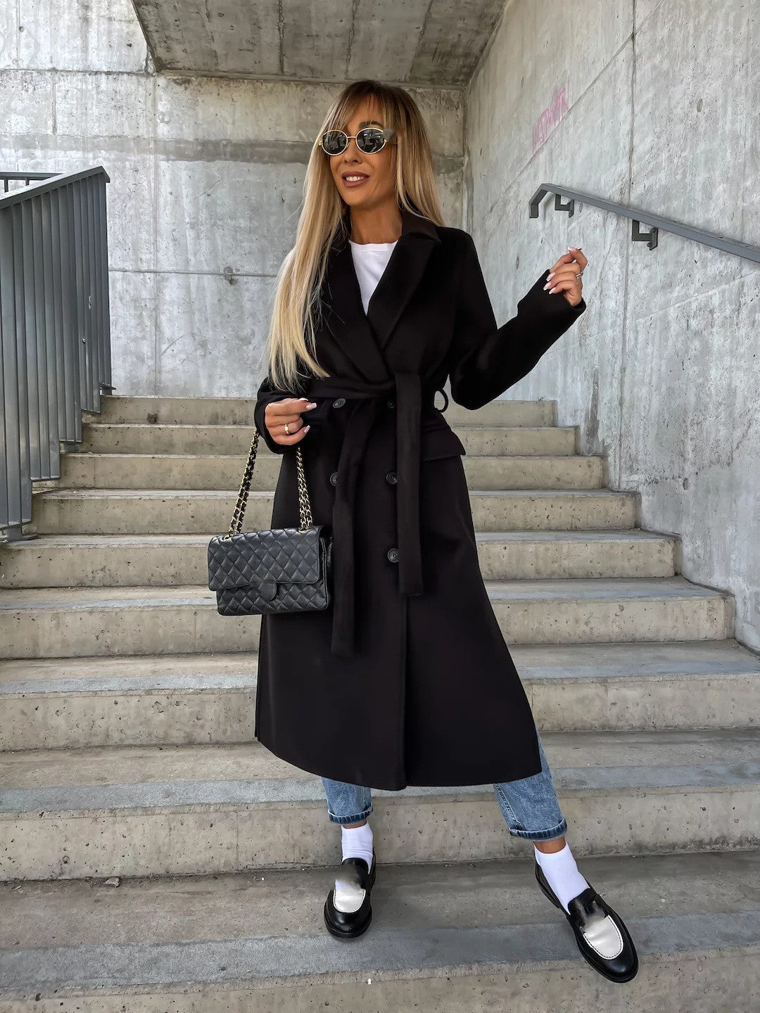 Manteau femme long croisé à ceinture - noir
