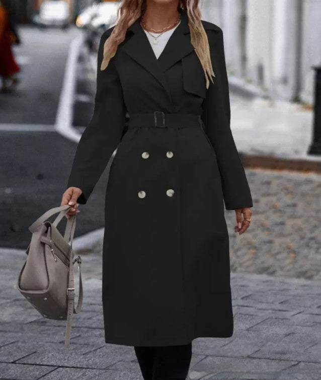 Trench long femme croisé ceinturé - porté de face