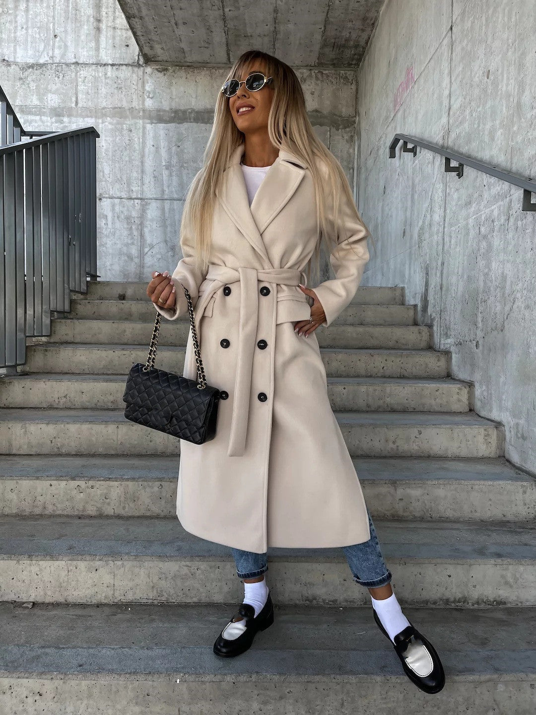 Manteau femme long croisé à ceinture - abricot