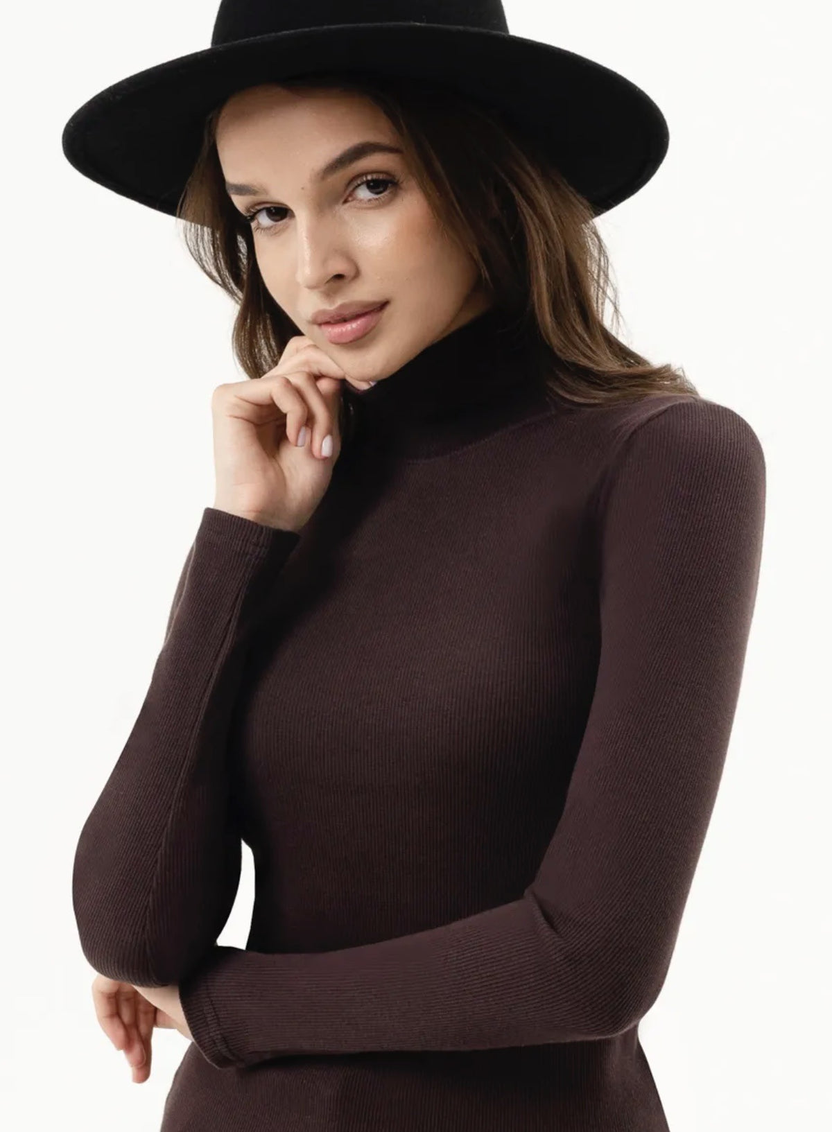 Pull femme col roulé en maille - marron café foncé